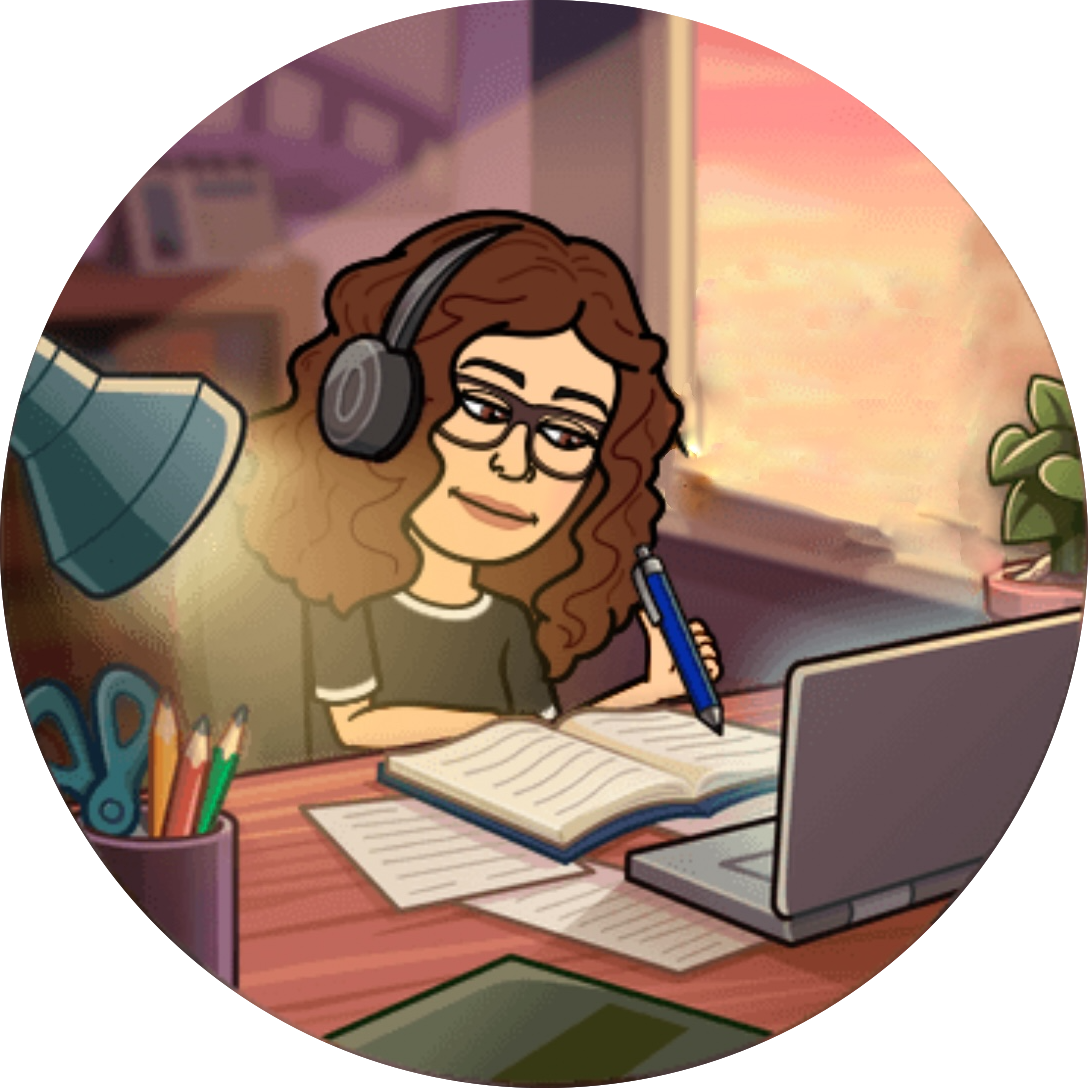 bitmoji of girl with brown hair listening to music and writing in journal at computer desk